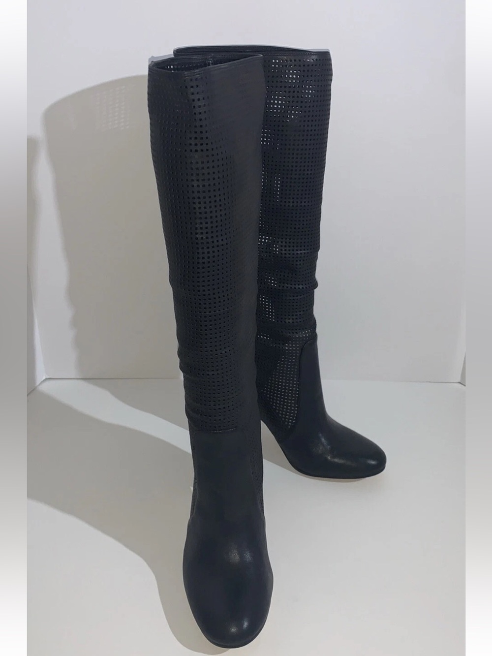 Vince Camuto 8.5 M Boots Black Perforated Leather Secillia Tall Shaft